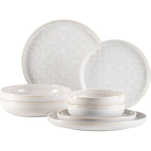 Kgabery-934062 Série Tiles Service De Table Moderne Vintage Pour 2 Personnes Au Design Mauresque 8 Pièces Avec Assiettes Et Bols En Céramique De Qualité Supérieure,Grès,Blanc