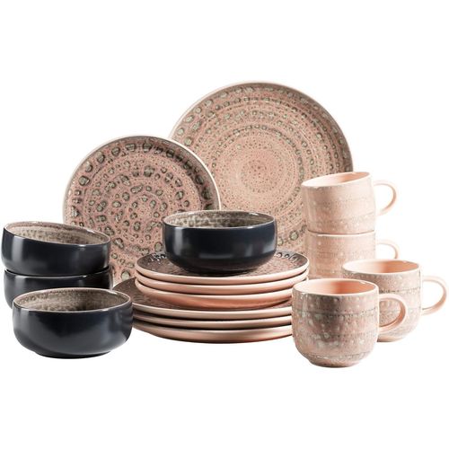 KGABERY-931743 Série Spicy Market Service De Table Peint À La Main Pour 4 Personnes Au Design Vintage Méditerranéen 16 Pièces En Céramique Rose