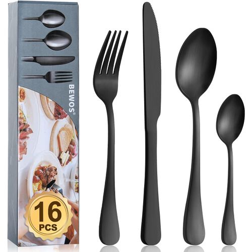 Kgabery-Ensemble De Couverts 16 Pièces En Acier Inoxydable Noir Mat Avec Cuillère,Couteau Et Fourchette,Service Pour 4 Personnes,Facile À Nettoyer/Passe Au Lave-Vaisselle
