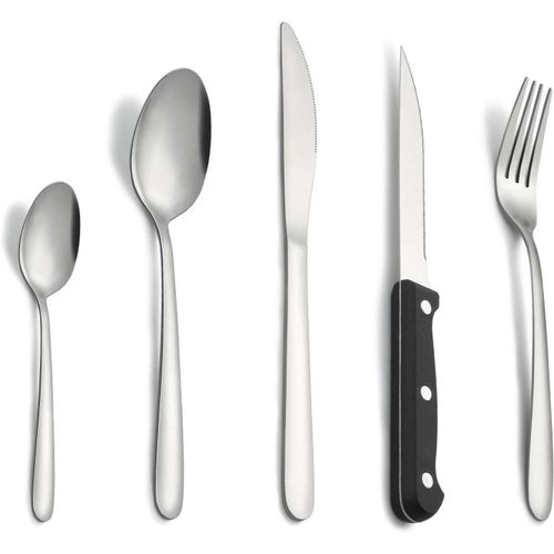 Kgabery-Couverts Avec Couteau A Steak,30 Pièces Couverts De Table Pour 6 Personnes,Couvert En Argent Comprenant Cuillère,Couteau,Fourchette,Set Couverts De Table Inox,Lave-Vaisselle