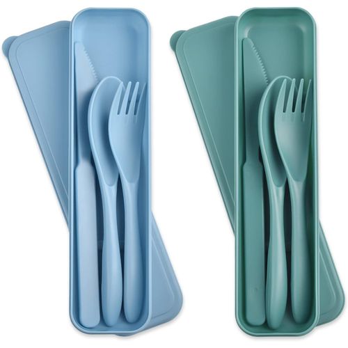 Kgabery-Set De Couverts De Voyage Avec Étui,2 Sets De Couverts En Plastique Réutilisables,Set De Couteaux,Fourchettes Et Cuillères,Set De Couverts Portables Pour Le Voyage (Vert Foncé+Bleu)