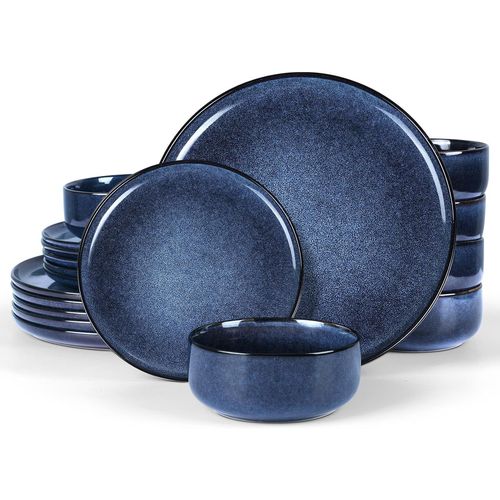 Kgabery-Service De Table Combiné 18 Pièces En Grès Pour 6 Personnes,6 Assiettes Plates,6 Assiettes À Dessert,Bols À Céréales,Passe Au Lave-Vaisselle Et Anti-Rayures¿Bleu Galactique