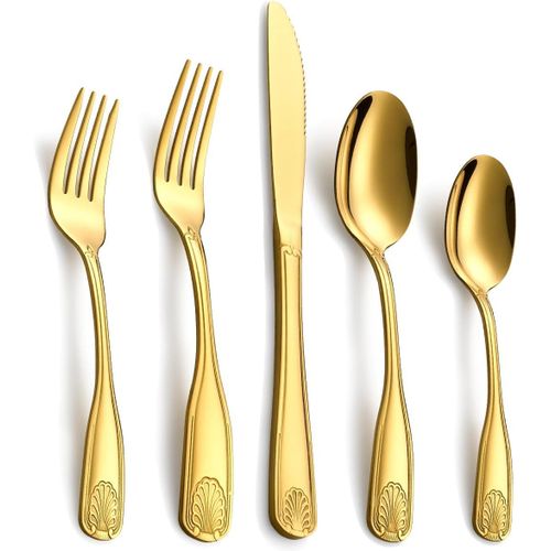 Kgabery-Set De 20 Couverts En Acier Inoxydable Avec Finition Dorée Pour 4 Personnes-Design Coquillage,Lavable Au Lave-Vaisselle-Incl.Fourchette,Cuillère&couteau
