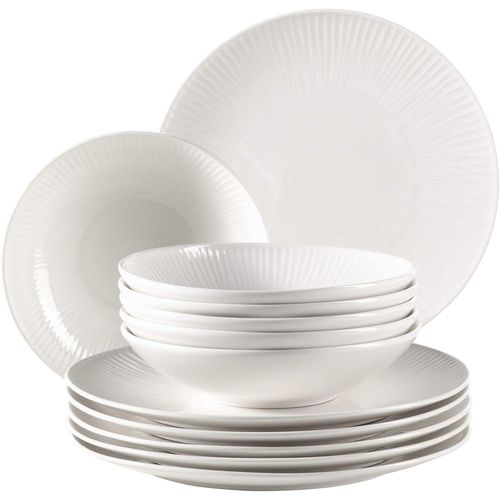 Kgabery-931461 Dalia Service De Table Pour 6 Personnes En Porcelaine Hôtelière De Qualité Supérieure En Blanc 12 Assiettes Au Design Vintage,Porcelaine Durable