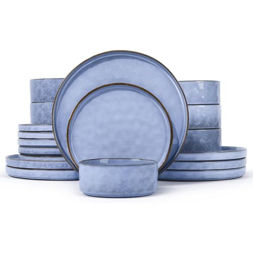 Kgabery-Service De Table,18 Pièces En Grès,Service De Table,Bols À Céréales,Assiettes Plates Et Assiettes À Dessert,Ensemble Pour 6 Personnes,Lave-Vaisselle Et Anti-Rayures,Bleu Serein