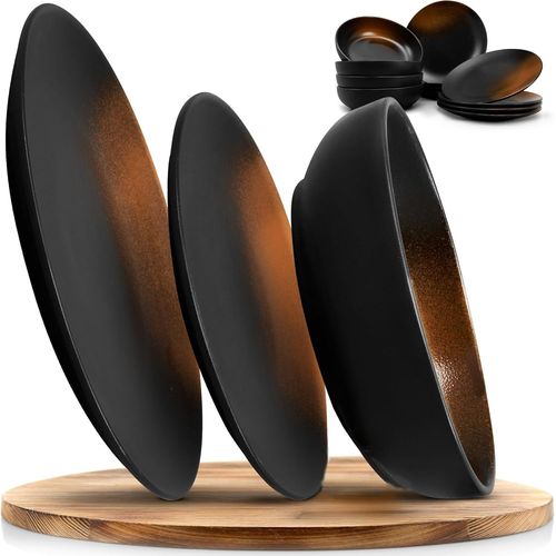 Kgabery-Service De Table 12 Pièces En Grès¿Ligne Prairie¿Design Élégant Dans Une Teinte Marron/Noir,Service Composé De 4 Assiettes Plates,4 Assiettes À Dessert Et 4 Assiettes Creuses/Collection