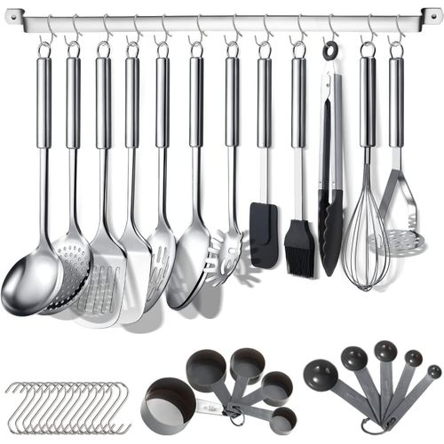 Ensemble D'ustensiles De Cuisine 38 Pièces De Cuisine En Acier Inoxydable, Ustensiles De Cuisine Avec Support Pour Ustensiles Et Crochets Pour Accrocher Au Lave-Vaisselle[Kit6500009]