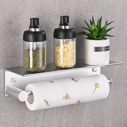 Porte Sopalin Mural, Porte Essuie Tout Cuisine Sans Percage Auto-Adhésif, Supports Pour Papier Rouleau Avec Etagère Spacieuse De Rangement, Aluminium Porte-Papier De Cuisine 34cm/1[Kit6500558]