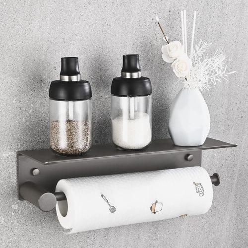 Porte Sopalin Mural, Porte Essuie Tout Cuisine Sans Percage Auto-Adhésif, Supports Pour Papier Rouleau Avec Etagère Spacieuse De Rangement, Aluminium Porte-Papier De Cuisine 34cm/1[Kit6500559]