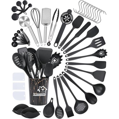 Ustensiles De Cuisine Silicone Lot De 44 Accessoire Cuisine Set Sans Bpa, Set Ustensiles De Silicone, Antiadhésive Set Avec Pot De Rangement, Noir[Kit6501713]