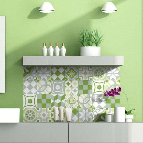 Adhésifs Carrelages Autocollant Ornements Verdoyant Carreaux De Ciment Carrelage Mural Salle De Bain Et Cuisine | 24 Pièces De 10 X 10 Cm[Kit6503665]