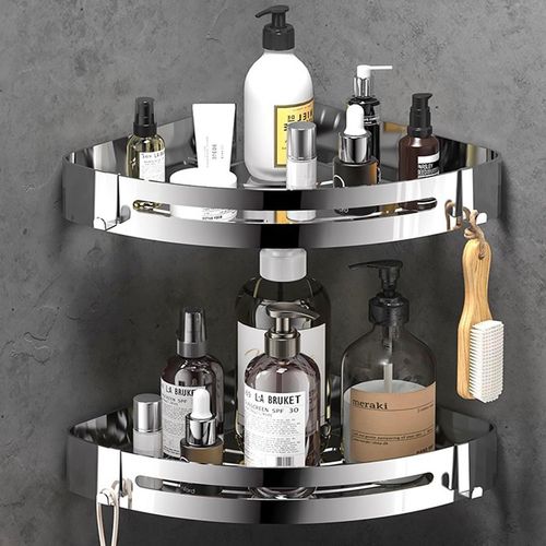 Etagere Douche Sans Percage 2 Pièces,Etagere Salle De Bain Angle Rangement Salle De Bain Inox Auto-Adhésif,Etagere De Douche Avec 4 Crochets Pour Rangement Douche (Argent)[KIT6504647]