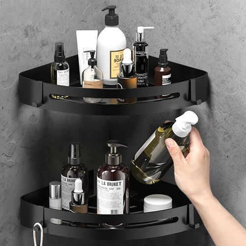 Etagere Douche Sans Percage 2 Pièces,Etagere Salle De Bain Angle Rangement Salle De Bain Inox Auto-Adhésif,Etagere De Douche Avec 4 Crochets Pour Rangement Douche (Noir)[KIT6504648]