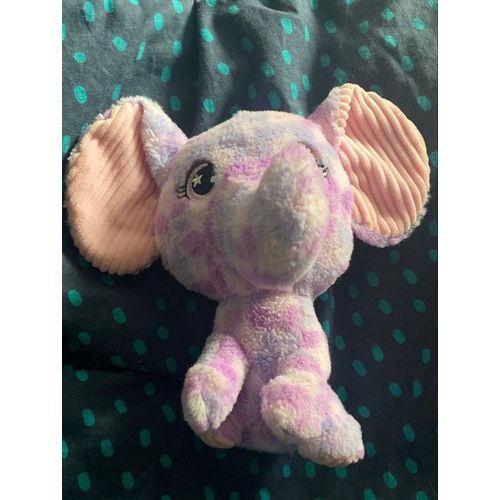 Doudou peluche éléphant rose et violet grosse tête , gros yeux noir et étoiles blanche 20cm