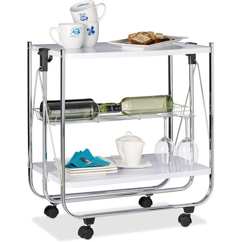 Desserte À Roulettes Pliante Chariot De Cuisine 2 Étages Métal Corbeille Hxlxp: 68,5 X 68 X 40,5 Cm, Blanc[Kit6509585]