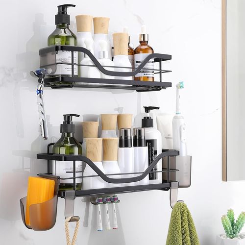 Etagere Douche 2 Pièces Auto-Adhésif Rangement Douche Sans Percage Etagere Murale Porte Shampoing Ddouche Inox Avec Serviteur De Douche Noir[KIT6509615]