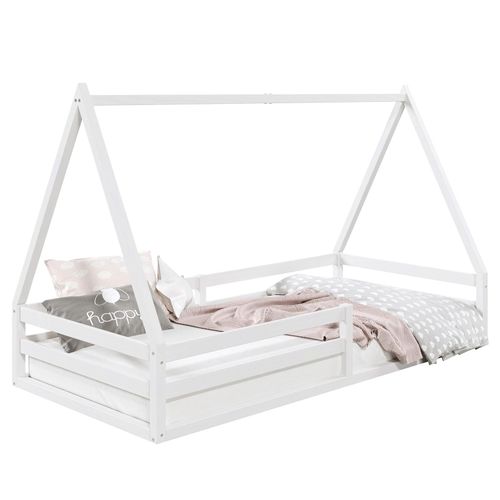 Lit Cabane Sila 90x190 Cm, Lit Simple Enfant 1 Place Type Montessori, En Pin Massif Blanc