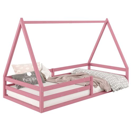 Lit Cabane Sila 90x190 Cm, Lit Simple Enfant 1 Place Type Montessori, En Pin Massif Rose