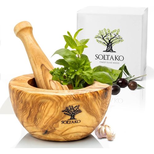 Mortier Et Pilon Ensemble De Mortier Et Pilon En Bois D'Olivier - Broyeur Pour Poivre, Épices - Mortier Africain - Bois D'Olivier Tunisien - Cuisine Artisanale Ø Env.14Cm[KIT6512352]