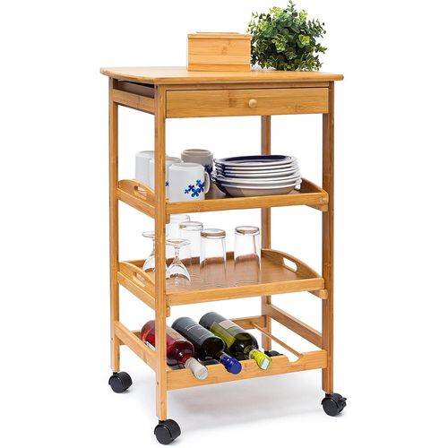 Desserte De Cuisine James L En Bambou Avec 4 Roulettes Tiroirs Chariot Rangement Pour Assiettes Bouteilles Vin Hxlxp: 80,5 X 50 X 37 Cm Îlot Avec 2 Tablettes, Nature[Kit6512593]