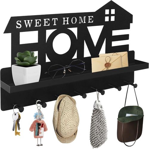 Porte Clef Mural Avec Étagère Sans Perçage Noir, Accroche Clef Mural Avec 7 Crochets, Boite A Clef Decorative De Couloir, Autocollant Ou Perçage Support Clef Mural, Pour Entrée, Co[Kit6511015]