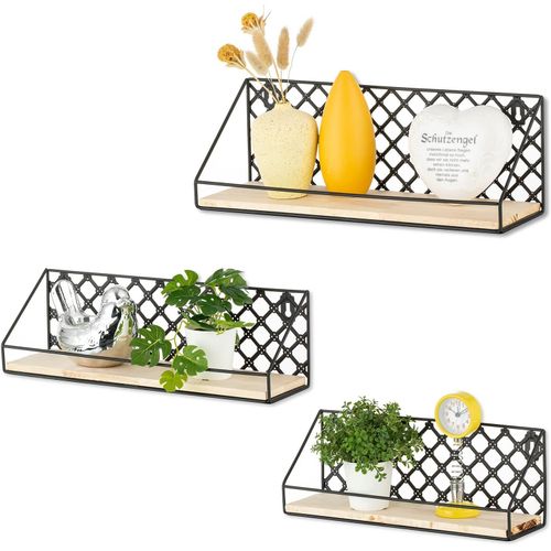 Etagères Murales Avec Barre Transversale Lot De 3 Étagères Flottantes En Bois Et Fer Noir Étagères Rustiques Pour Salle De Bain Cuisine Unité Rangement Mural Présentoirs Étagères O[Kit6510006]