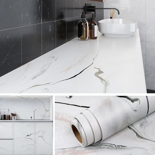Revêtement Plan De Travail Adhésif Marbre Blanc Avec Veine Rose Poudré Imperméable Credence Adhesive Pour Cuisine Marbre Papier Adhesif Pour Meuble Cuisine Complete Marbre 40cmx2m[Kit6508959]