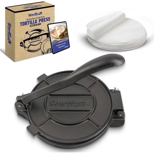 Starbbue Presse A Tortillas En Fonte De 25,4 Cm, Avec 100 Feuilles De Papier Huile Et Livret De Recettes, Accessoire Permettant La Realisation De Chapati, Tortillas, Roti Indien[KIT6508744]