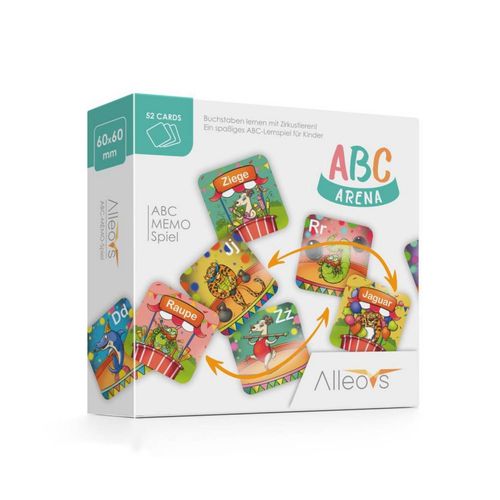 ALLEOVS ABC-Arena - Jeu de mémoire de l alphabet Allemand avec Les Animaux du Cirque Jeu éducatif pour 1 6 Enfants partir de 4 Ans 52 Cartes pour Apprendre l alphabet