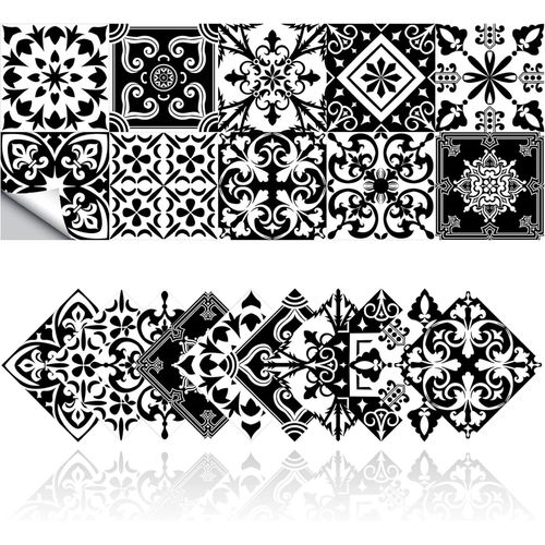 Rétro Carrelage Autocollants Salle De Bains Cuisine Carrelage Adhesif Mural Stickers Diy Imperméable À L'Huile Pvc Auto-Adhésif Décoration Style Marocain Noir Et Blanc (20,15X15Cm)[KIT6508078]
