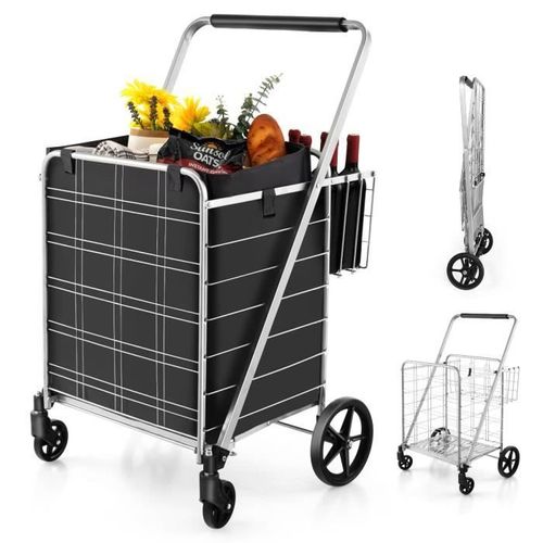 COSTWAY Chariot de Courses - 2 Panier (126L),1 Sac en Oxford,Caddie Pliable à 4 Roues Pivotantes à 360°, Capacité 150KG, Argent