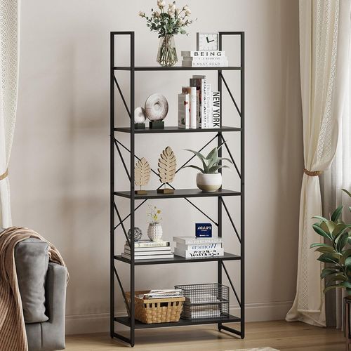Bibliothèque À 5 Niveaux, Étagère À Livres Sur Pied, Étagère En Bois Et Cadre En Métal, Étagère De Rangement Pour Salon, Bureau À Domicile Noir