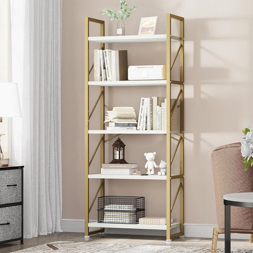 Bibliothèque À 5 Niveaux - Étagère À Livres Sur Pied En Bois Et Métal Rangement Pour Salon, Bureau À Domicile - Dorée[Kit6506207]
