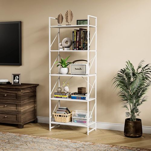Bibliothèque À 5 Niveaux, Étagère Sur Pied En Bois Et Métal, Rangement Pour Salon, Bureau À Domicile - Blanche Pure[Kit6506204]