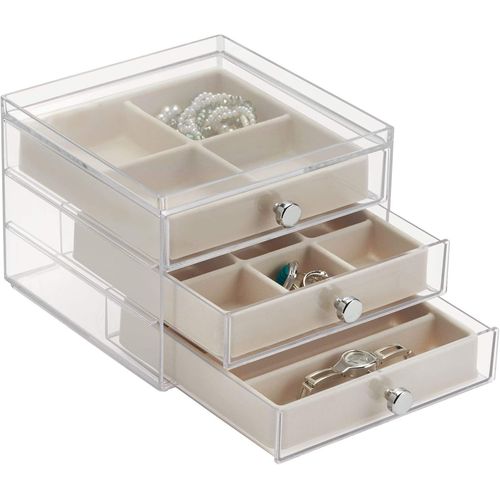 Idesign Clarity Jewelry Boîte À Bijoux, Bac De Rangement Plastique, Coffret À Bijoux À 3 Tiroirs & 17 Sections, Clair/Ivoire[KIT6506452]