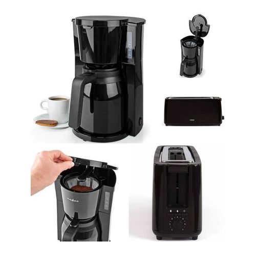 Cafetière Machine À Café Electrique Isotherme Noire 1.5l 900w + Grille-Pain Noir Longue Fente 900w 7 Positions Ejection Automatique