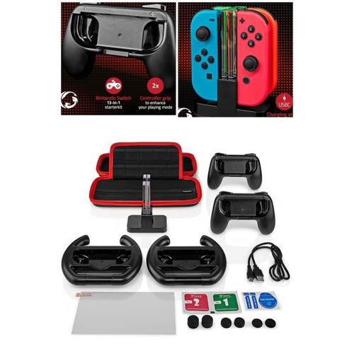 Kit Supports Poignées Pour Manettes Nintendo Switch (Oled) 13-In-1 + Support De Charge 4 Manettes + Sacoche