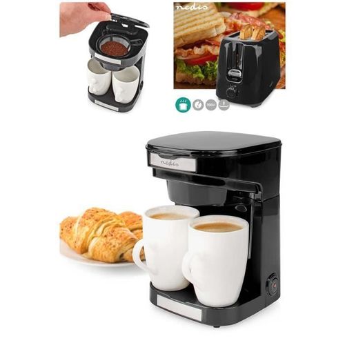 Cafetière Électrique 2 Tasses Duo 2 X 0.25l Filtre Permanent Lavable 450w Noir + Grille-Pain Noir 750w