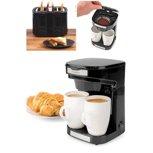 Cafetière Électrique 2 Tasses Duo 2 X 0.25l Filtre Permanent Lavable 450w Noir + Grille-Pain Noir 1500w 4 Fentes Larges