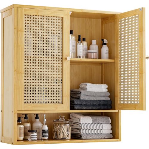 Armoire Murale De Salle De Bain En Bambou Avec 2 Portes En Rotin Et Étagère Réglable, Armoire À Pharmacie Économiseur D'espace Pour Linge, Cuisine, Salon (Naturel)[Kit6505259]