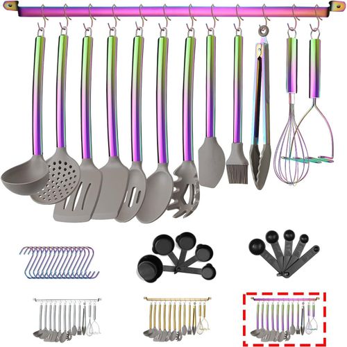 38 Pièces Ensemble D'ustensiles De Cuisine En Avec Support À Ustensiles, Tête En Silicone Et Poignée En Acier Inoxydable, De Cuisine Pour Ensembles, Gadgets De Cuisine Antiadhésifs[Kit6503196]