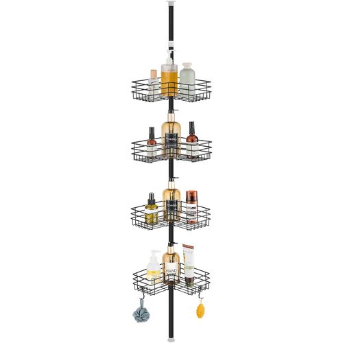 Etagere Douche Telescopique Rangement Salle De Bain Sans Percage Acier Inoxydable Avec 4 Plateaux, Reglable Hauteur 85-325cm, Convient Pour Baignoire Et Cuisine, Noir[Kit6503952]