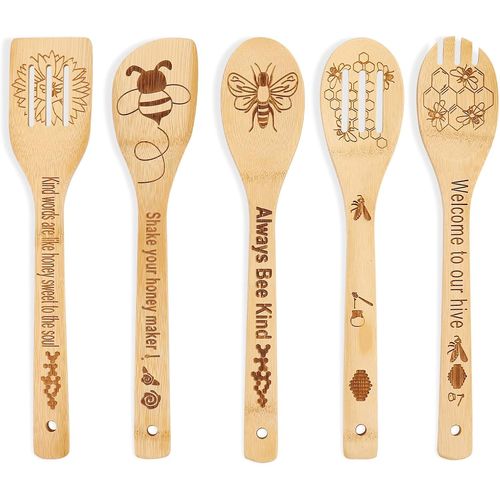 Cuillère De Cuisine En Bois Unique Avec Motif Abeilles, Ensemble De Cuisinière En Bambou Bio Antiadhésif, Ensemble D'ustensiles De Cuisine, Cadeau Noël(5 Pcs)[Kit6501225]