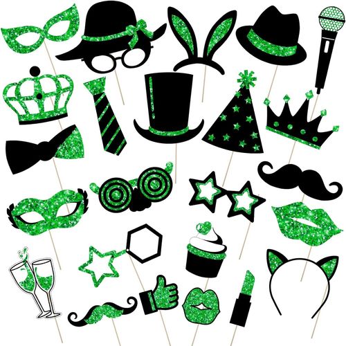 24 Pcs Accessoires De Photobooth Pour Fête Anniversaire Mariage Nouvel An Remise Des Diplômes, Mélange De Chapeaux, Verre À Vin, Rouge À Lèvres, Cravate, Couronnes (Vert Et Noir)[KIT6503249]