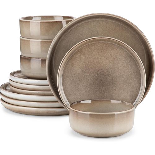 Kgabery-Service De Table Pour 4 Personnes,Service De Table En Grès,Service Combiné Moderne 12 Pièces Avec Assiettes Plates,Assiettes À Dessert Et Bols À Céréales,Marron,Série Playa