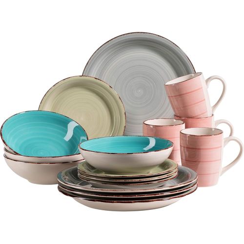 Kgabery-931499 Bel Tempo Ii Service De Table Vintage 16 Pièces Pour 4 Personnes En Céramique Peinte À La Main Multicolore Grès Bleu Fumé/Turquoise/Vert/Rose