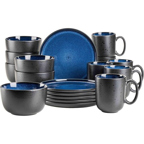 KGABERY-931971 Série Niara Service De Table Moderne Pour 6 Personnes Au Look Vintage Excitant Service De Petit-Déjeuner 18 Pièces En Céramique Bleu Et Noir Grès