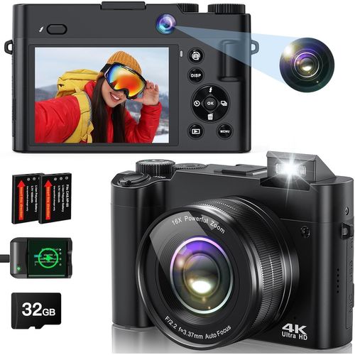 KGABERY-Appareil Photo Numérique 4K 64 Mégapixels Autofocus Arrière Et Avant Pour La Photographie,Appareil Photo Numérique Compact Avec Carte De 32 Go,2 Piles,Flash,Zoom Numérique 16X,Anti-Tremblemen