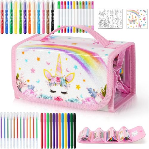 Chenquansarl-Licorne Trousse À Enrouler - 56 Pièces Feutres Coloriage Enfants Cadeau Fille Avec Trousse À Crayons Licorne Trousse De Papeterie Licorne Jouet Fille Avec Autocollants Et Coloriages