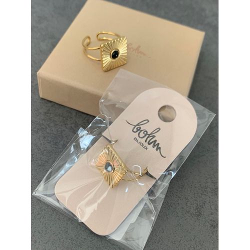 Bohm Bague Felise - Carré Strié Et Pierre Naturelle 